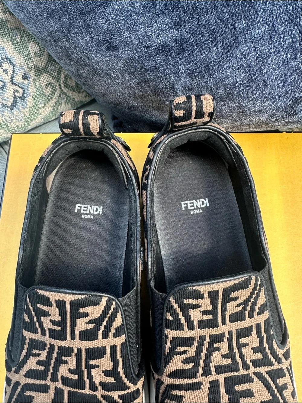 Fendi Brown & Black FF Logo Slip-On Sneakers Size 41